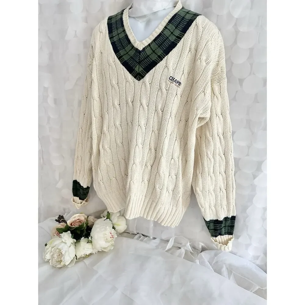 VTG Ralph Lauren CHAPS Large HANDFRAME Cream V Neck Cable Knit Sweater Preppy